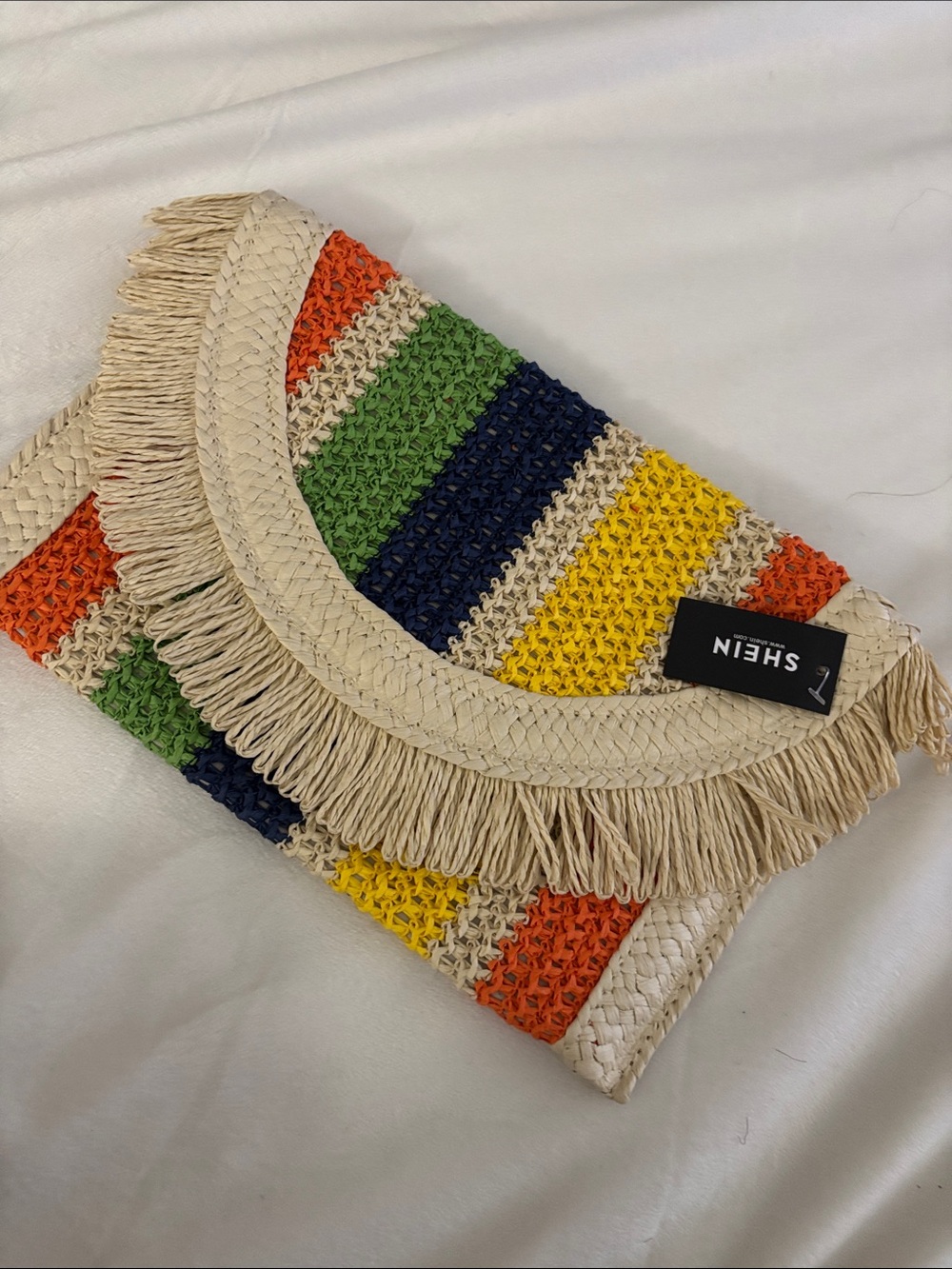 SHEIN Striped Straw Fringe Clutch in Green, Yellow, Navy & Orange